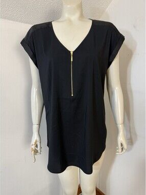 New Express Womens Black Large Popover Blouse V Neck Front Zipper Capsleeved